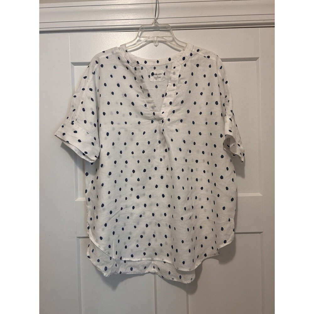 Pure Linen Short Sleeve -neck Blue Polka Dot Top Size 14 Summer Coastal Preppy